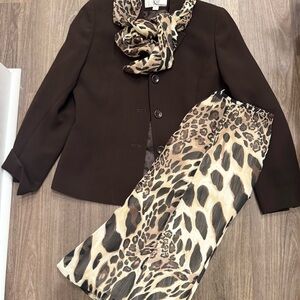 Le Suit Brown Blazer Skirt Suit with Leopard Print Scarf